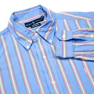 RALPH LAUREN Men's M Custom Fit Blue Multicolor Striped Button Down Dress Shirt